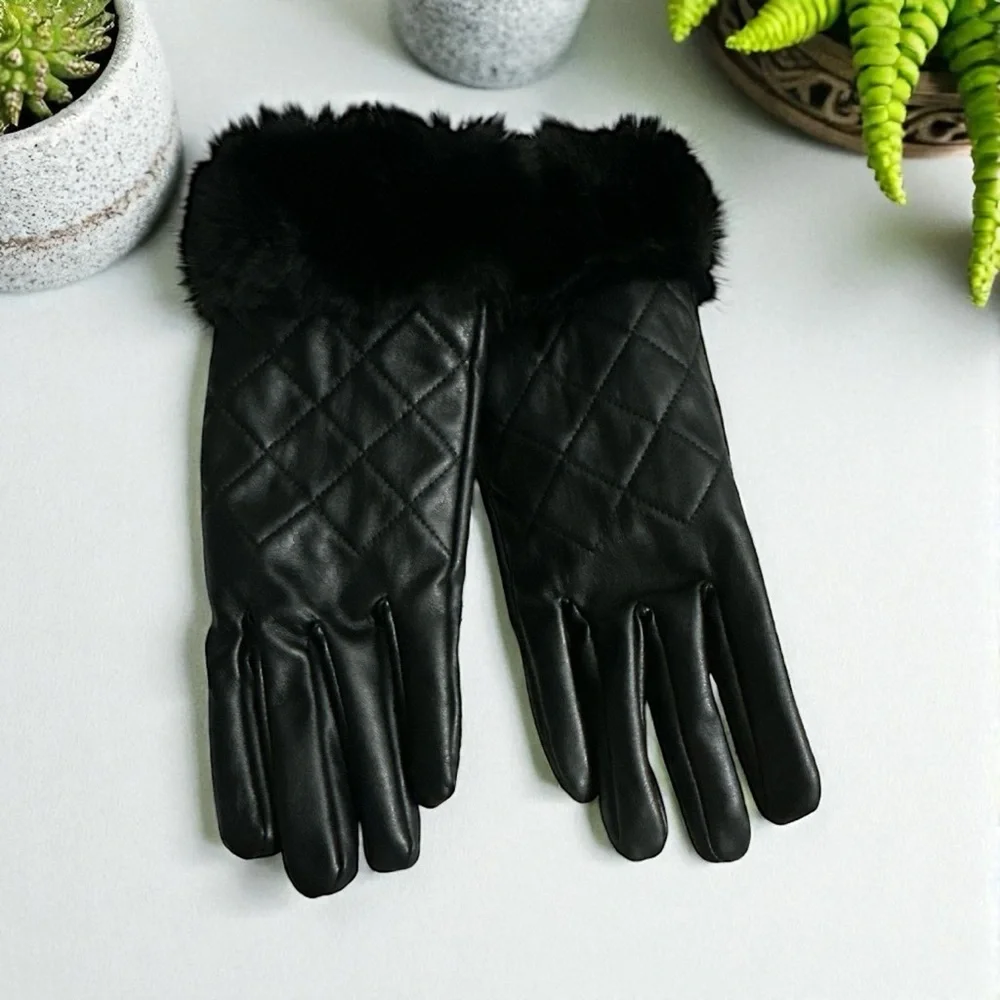 I.N.C. International Concepts Women's Faux-Leather Faux-Fur-Trim Gloves NWOT Blk